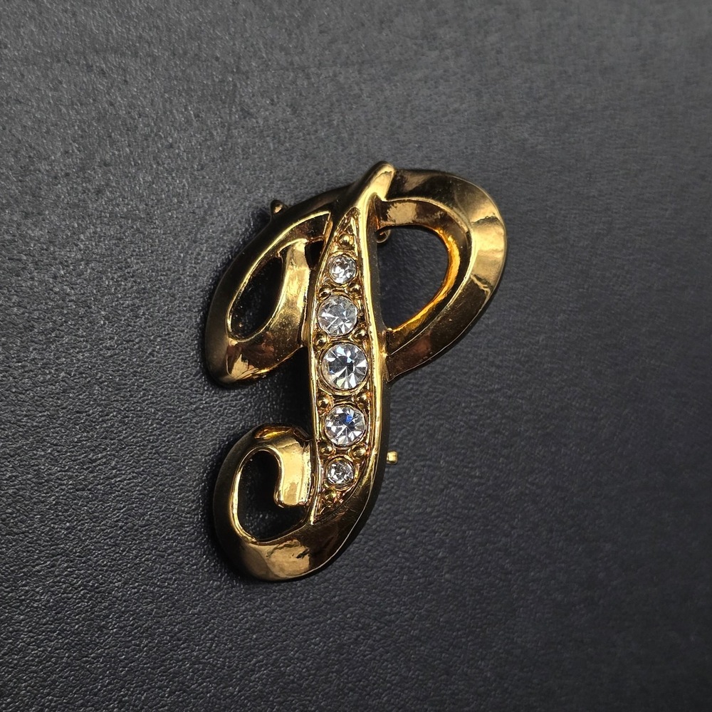 Avon Letter P Brooch Rhinestone Gold Tone Letter Monogram Vintage